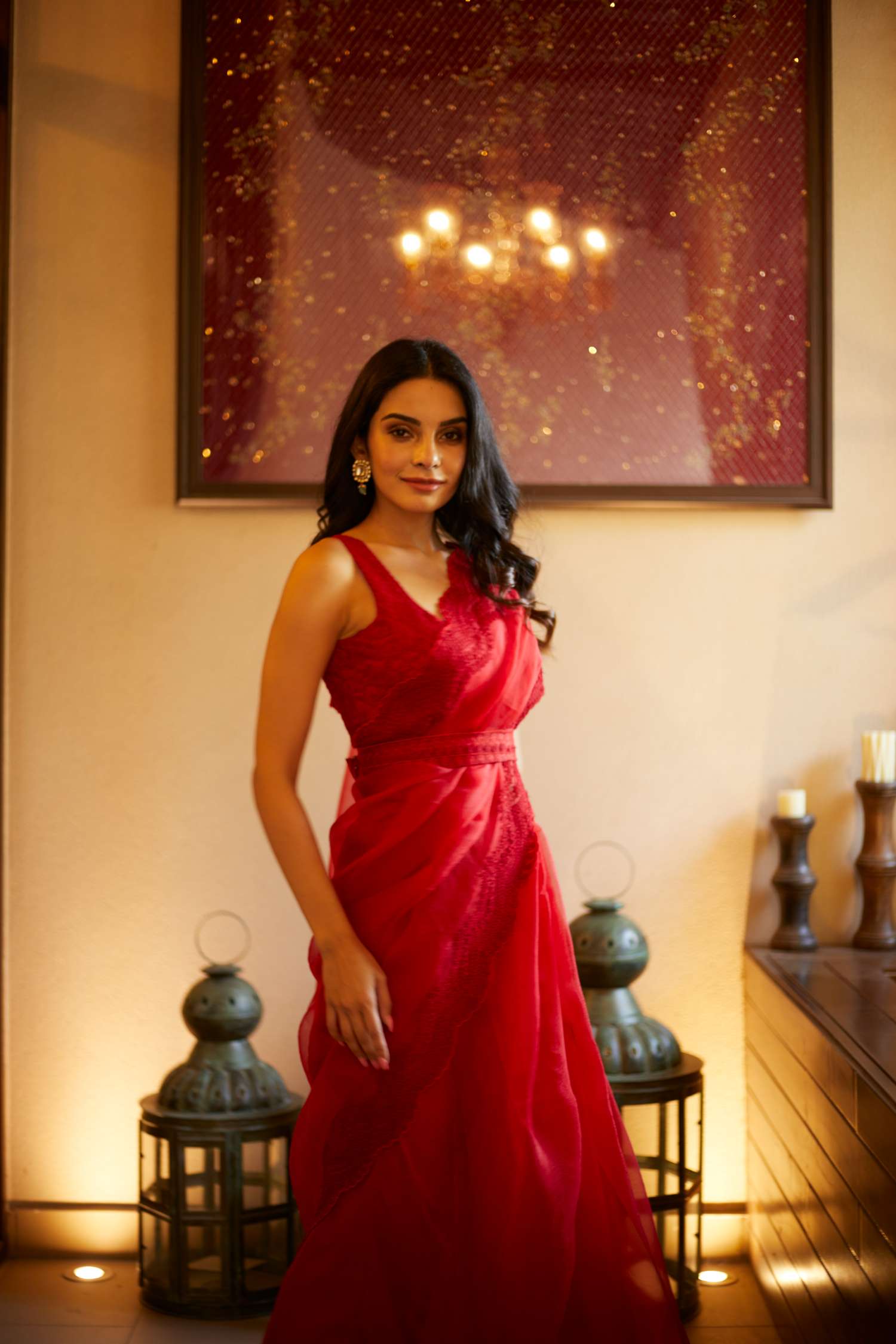 Front view of Red Thread Work Organza Saree Set