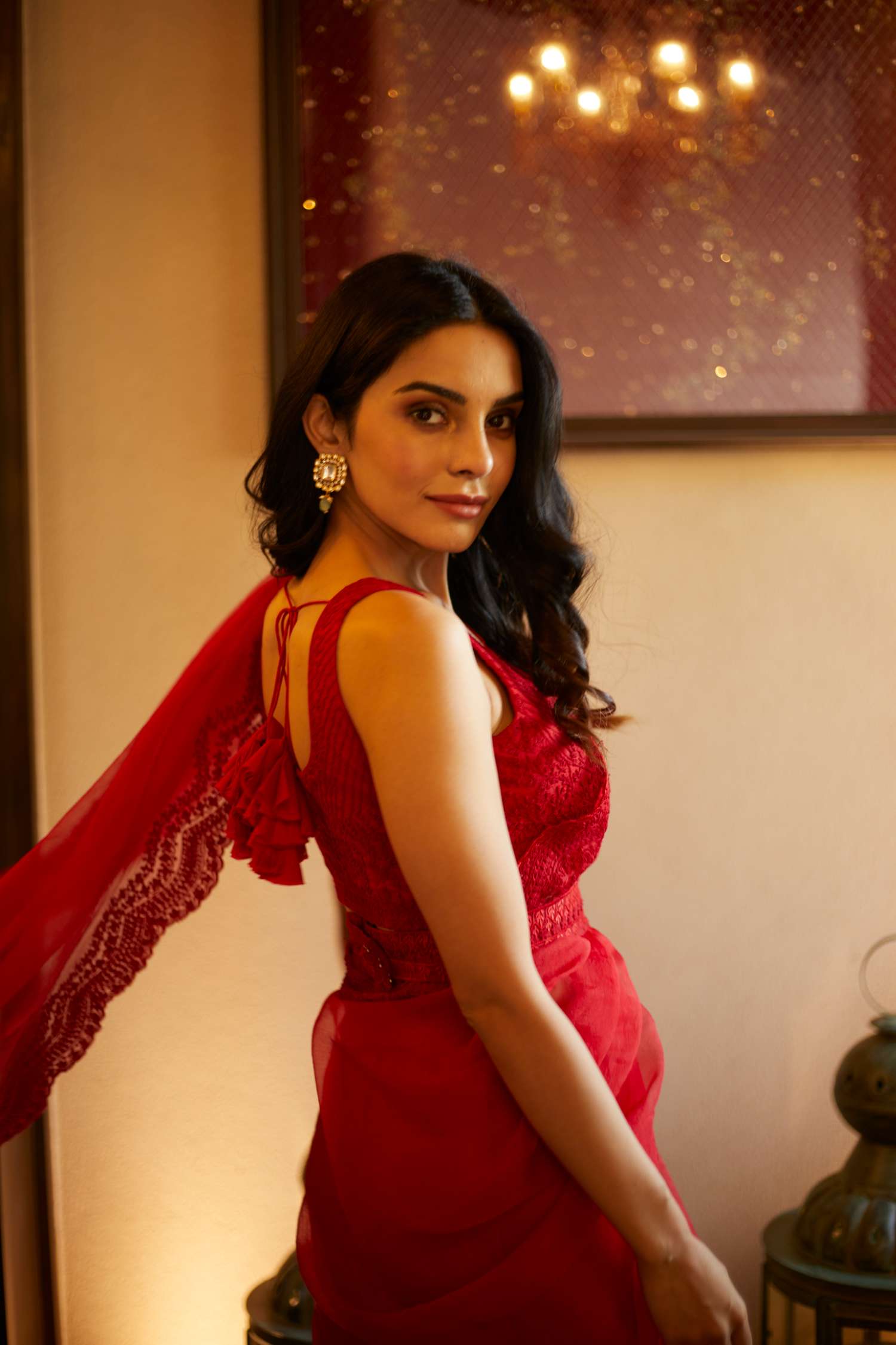 Side view of Red Thread Work Organza Saree Set