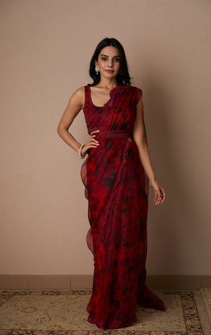 Deep Red Floral Saree Set
