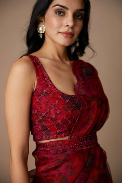 Deep Red Floral Saree Set