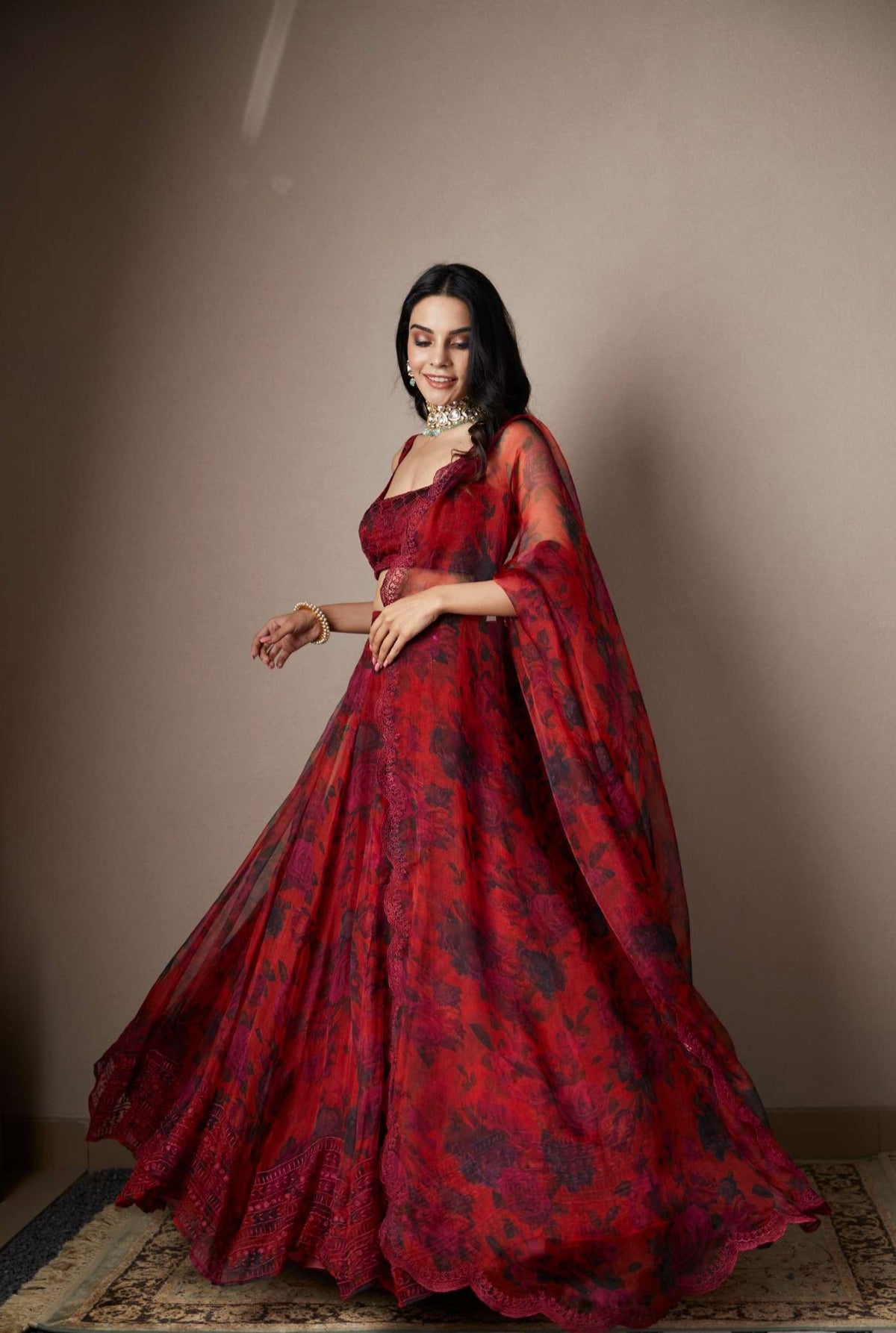 Deep Red Floral Lehenga Set