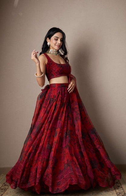 Deep Red Floral Lehenga Set