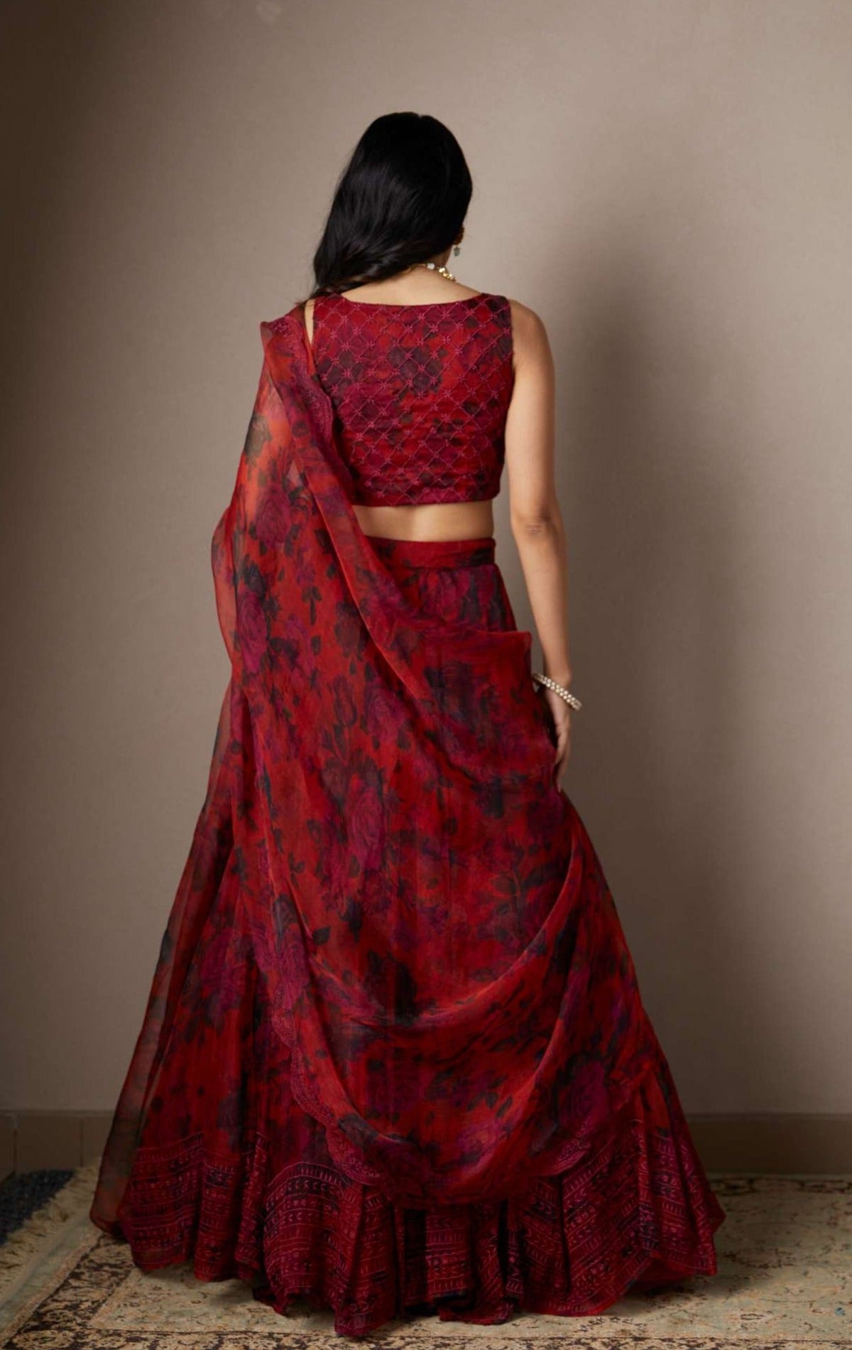 Deep Red Floral Lehenga Set
