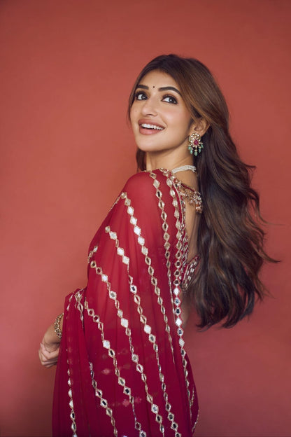 SREELEELA IN Ruby red Linear Mirror Saree Set