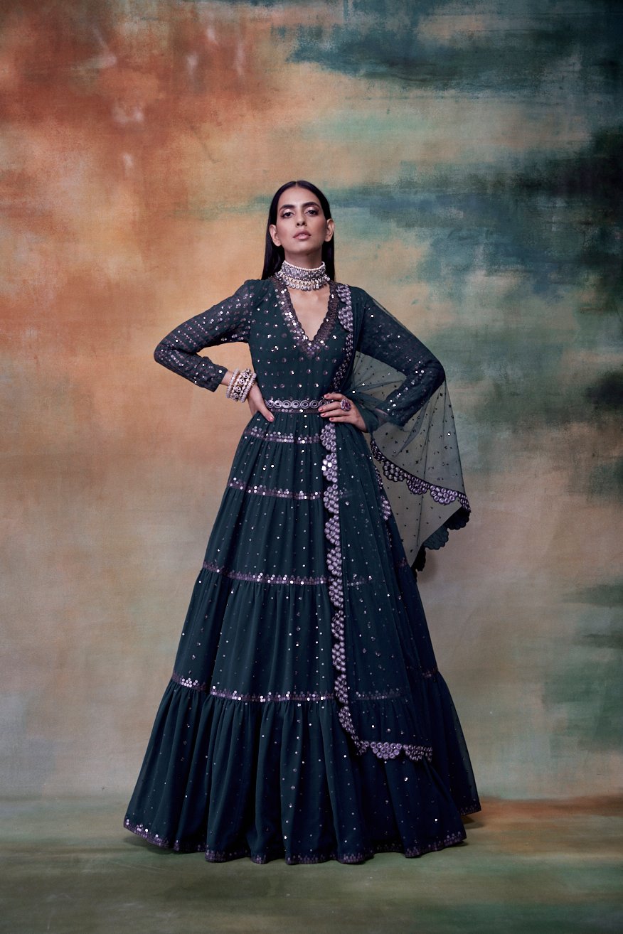 Dark Teal Green Tier Anarkali
