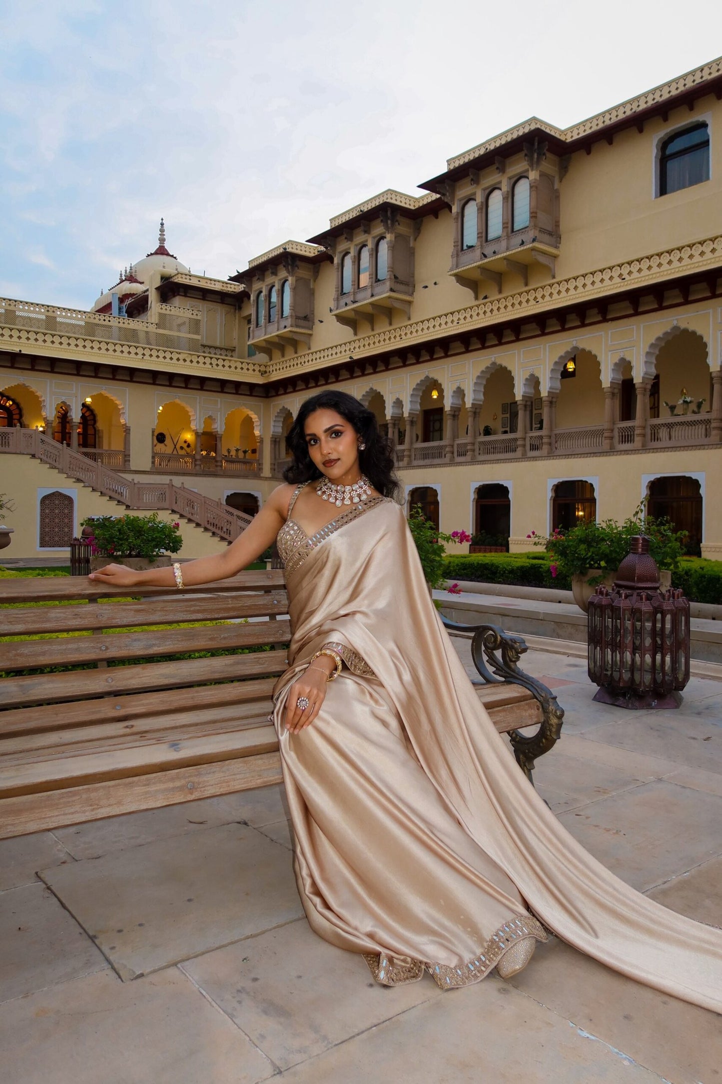 VISHAKHA HOLSAMBRE In Light Beige satin Saree Set