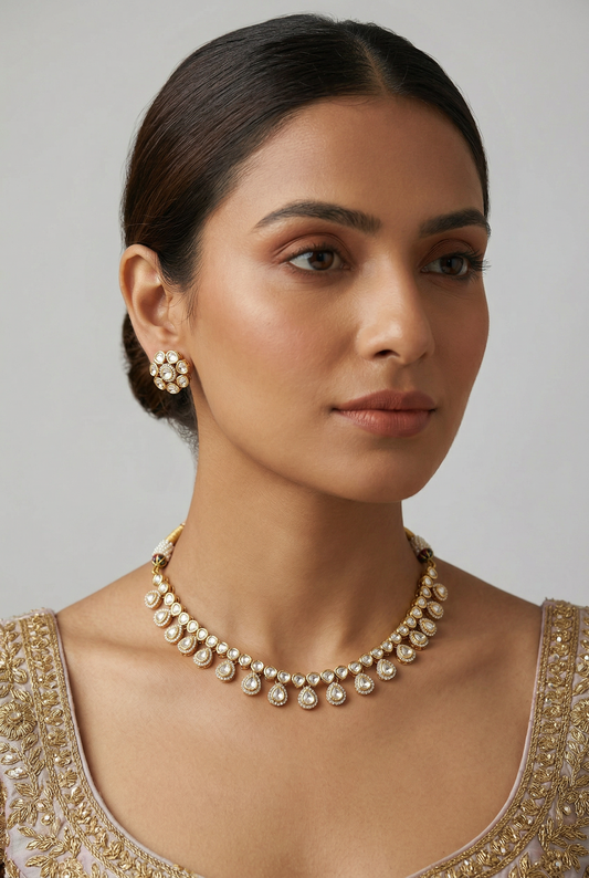 Nirvi Gold Finish Moissanite Necklace Set