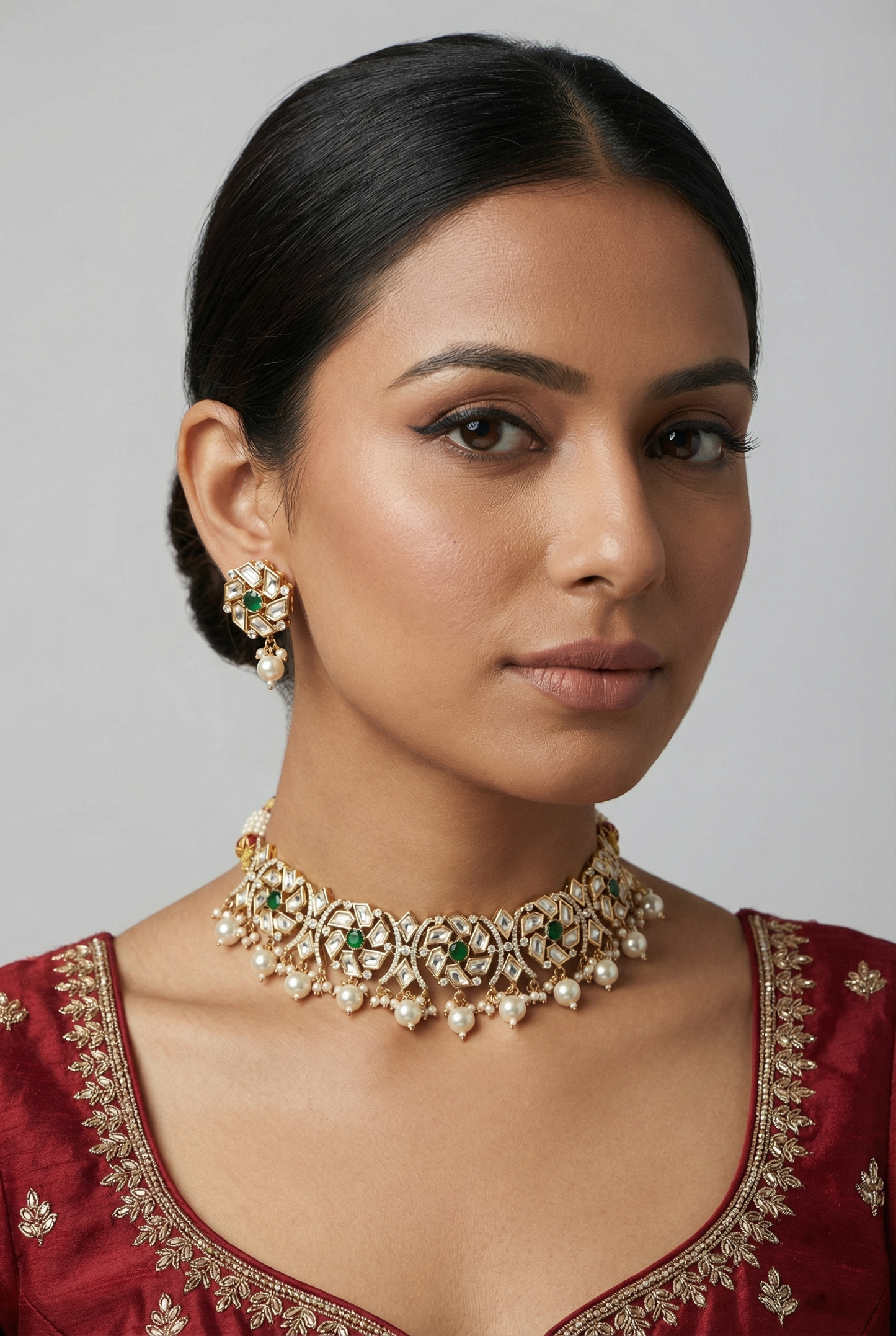 Ziya Green Gold Plated Kundan Necklace Set