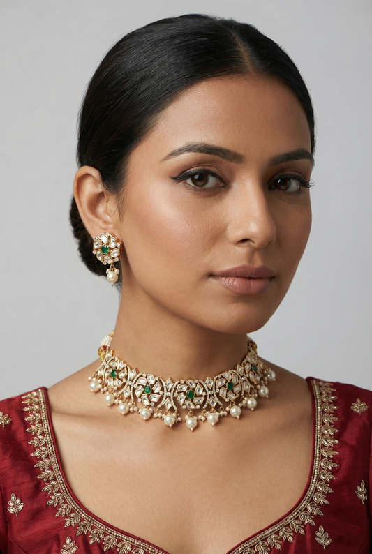 Ziya Green Gold Plated Kundan Necklace Set