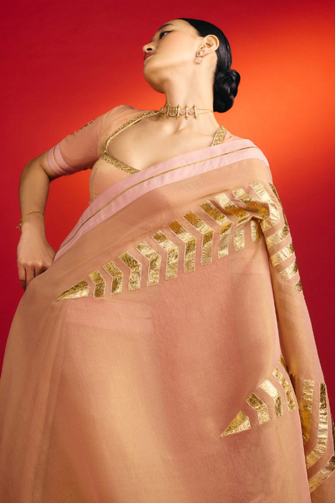 Baby Pink Droopy Bloom Gota Saree