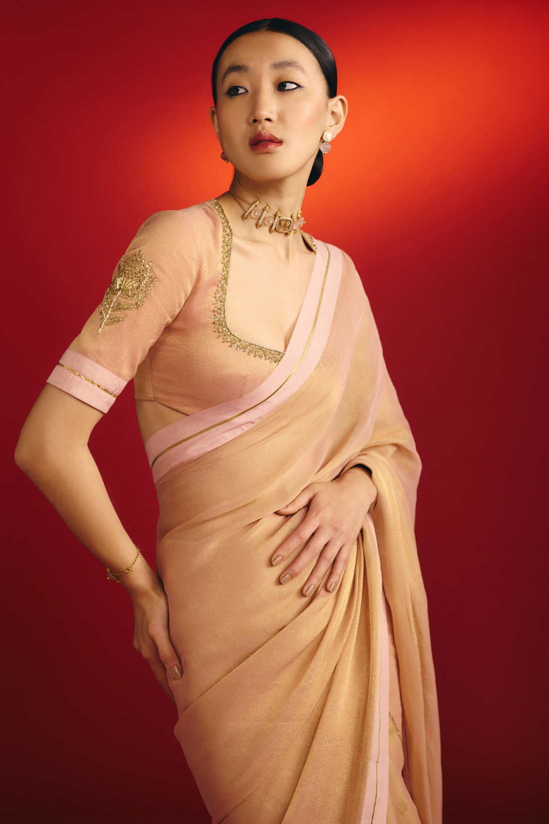 Baby Pink Droopy Bloom Gota Saree