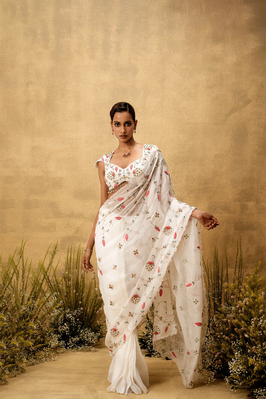 Ivory Pre-stitched hand embroidered organza saree set