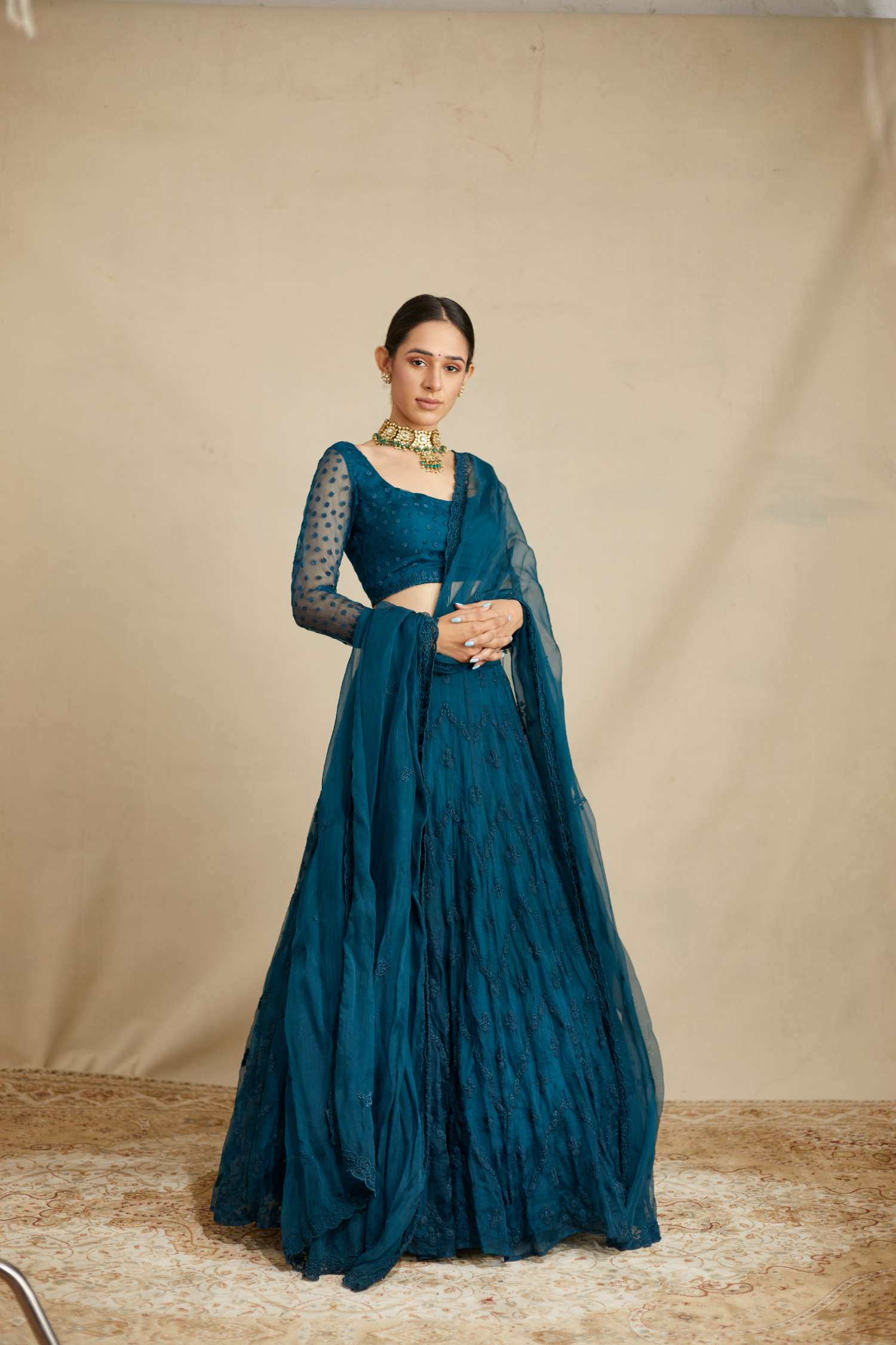 Front view of Teal Blue Thread Work Lehenga Set