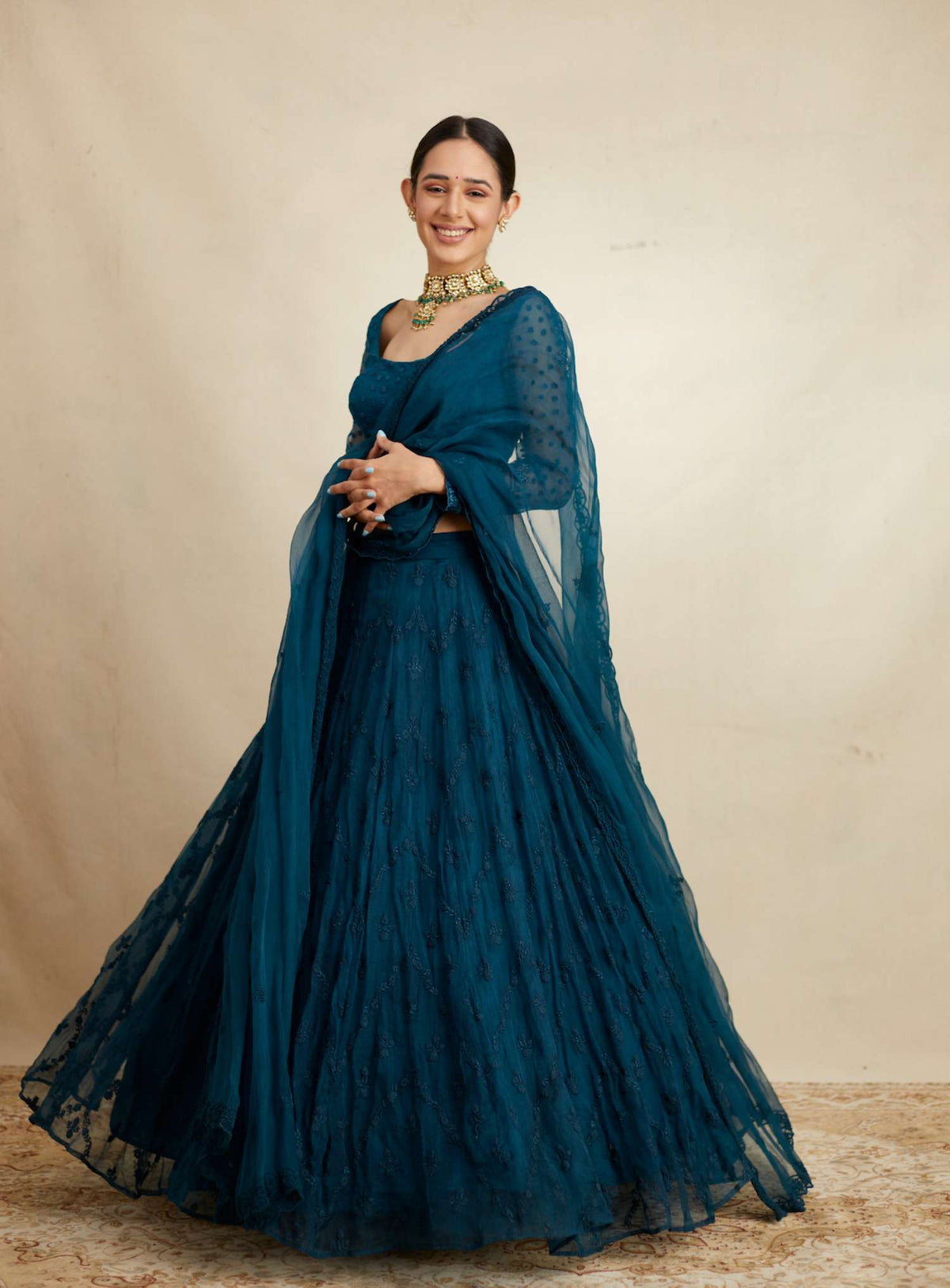 Teal Blue Thread Work Lehenga Set