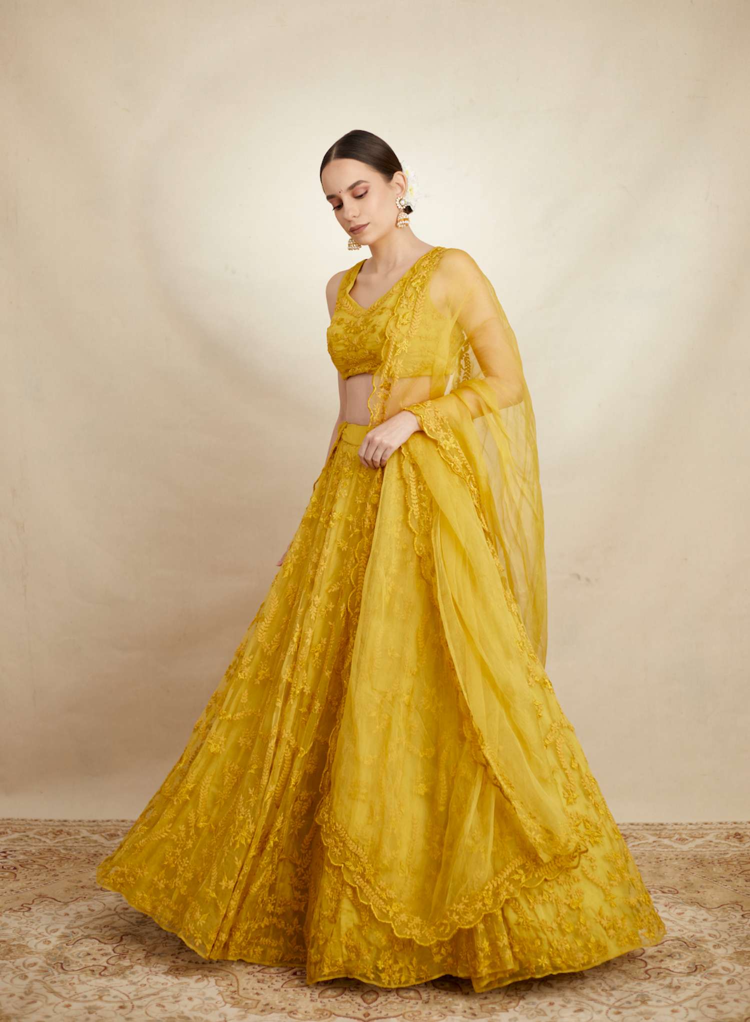 Yellow Thread Work Lehenga Set