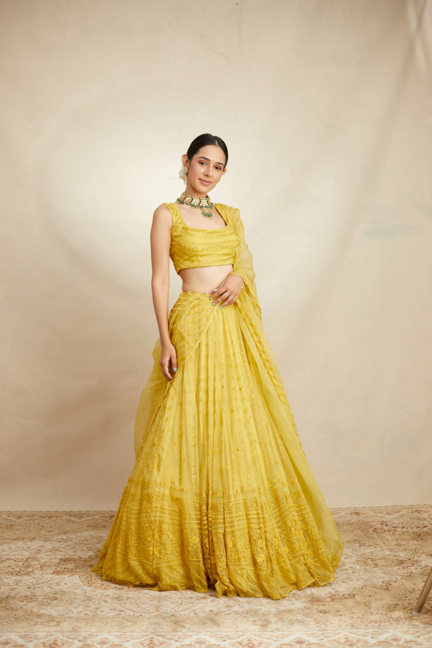 Yellow Thread Work Lehenga Set