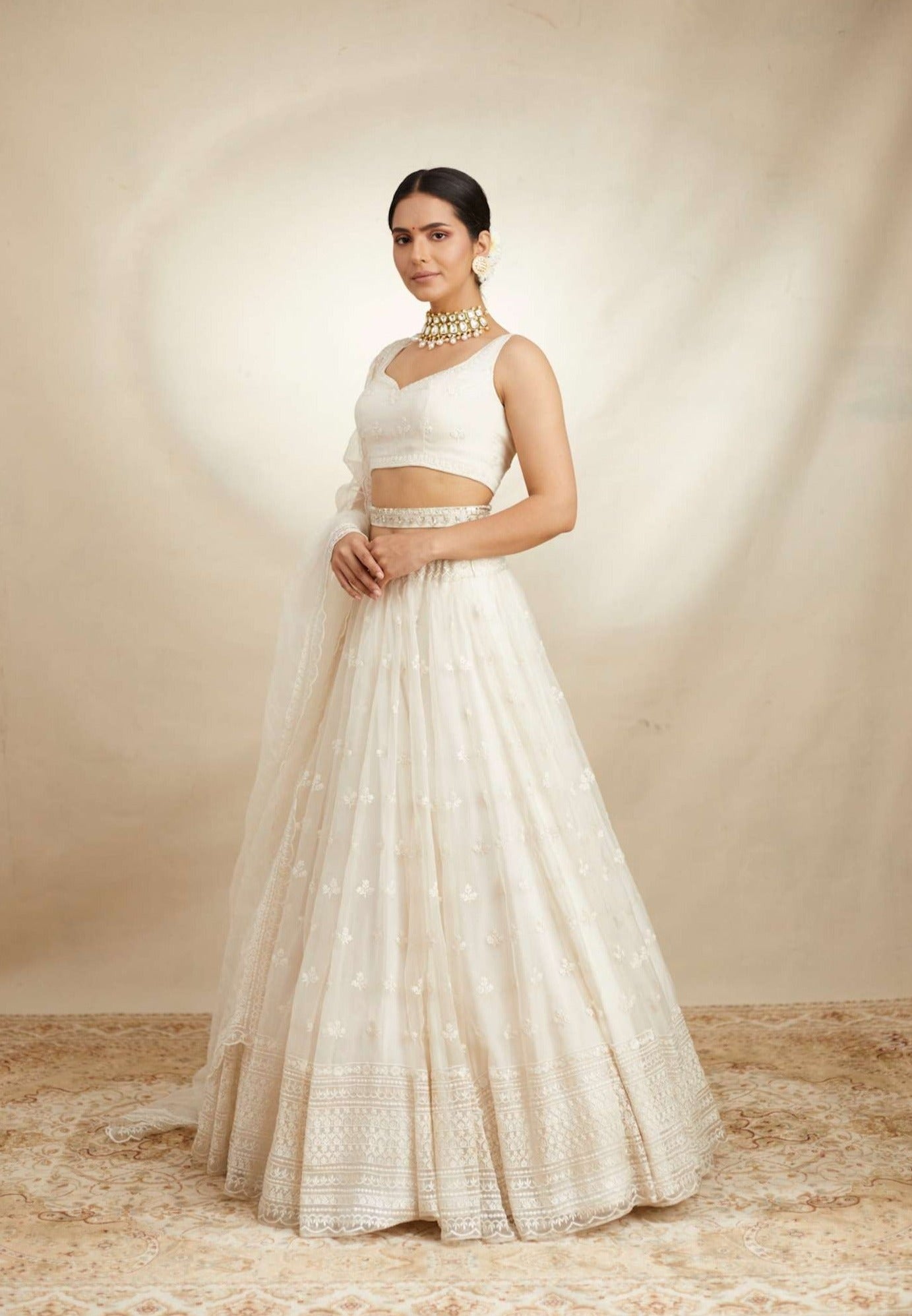 White Thread Work Lehenga Set