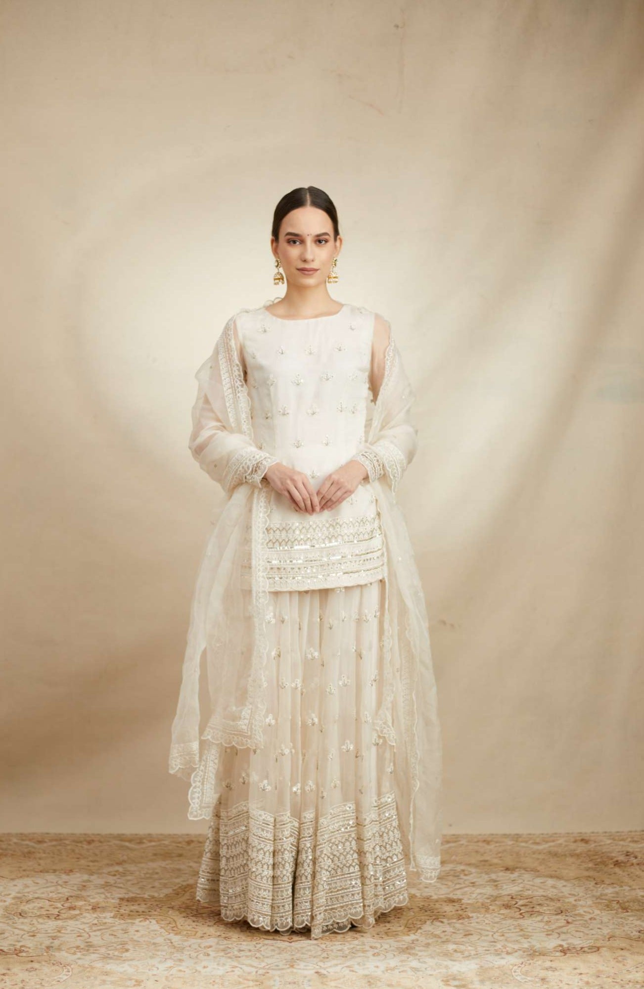 White Thread Work Kurti Sharara Set