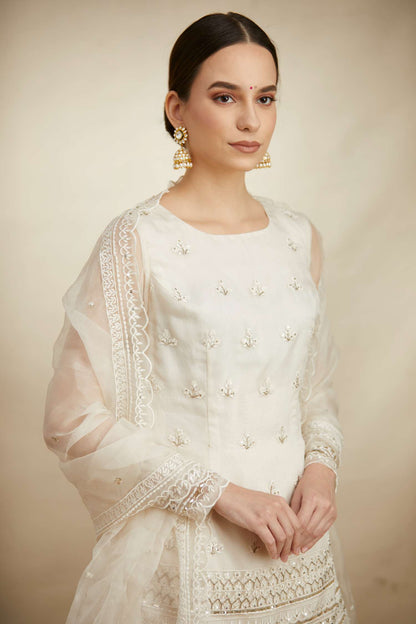 White Thread Work Kurti Sharara Set