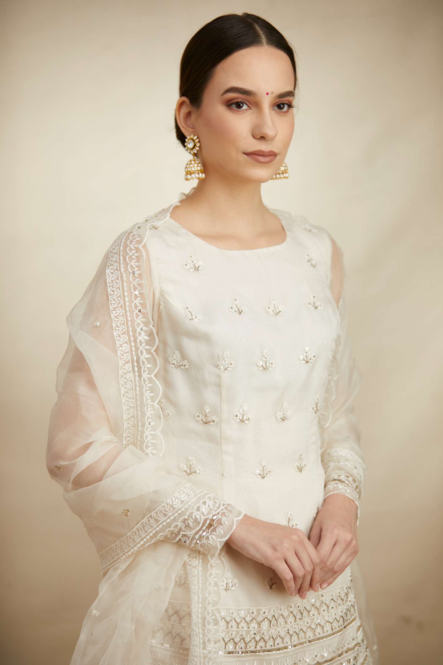 Front view of White Thread Work Kurti Sharara Set