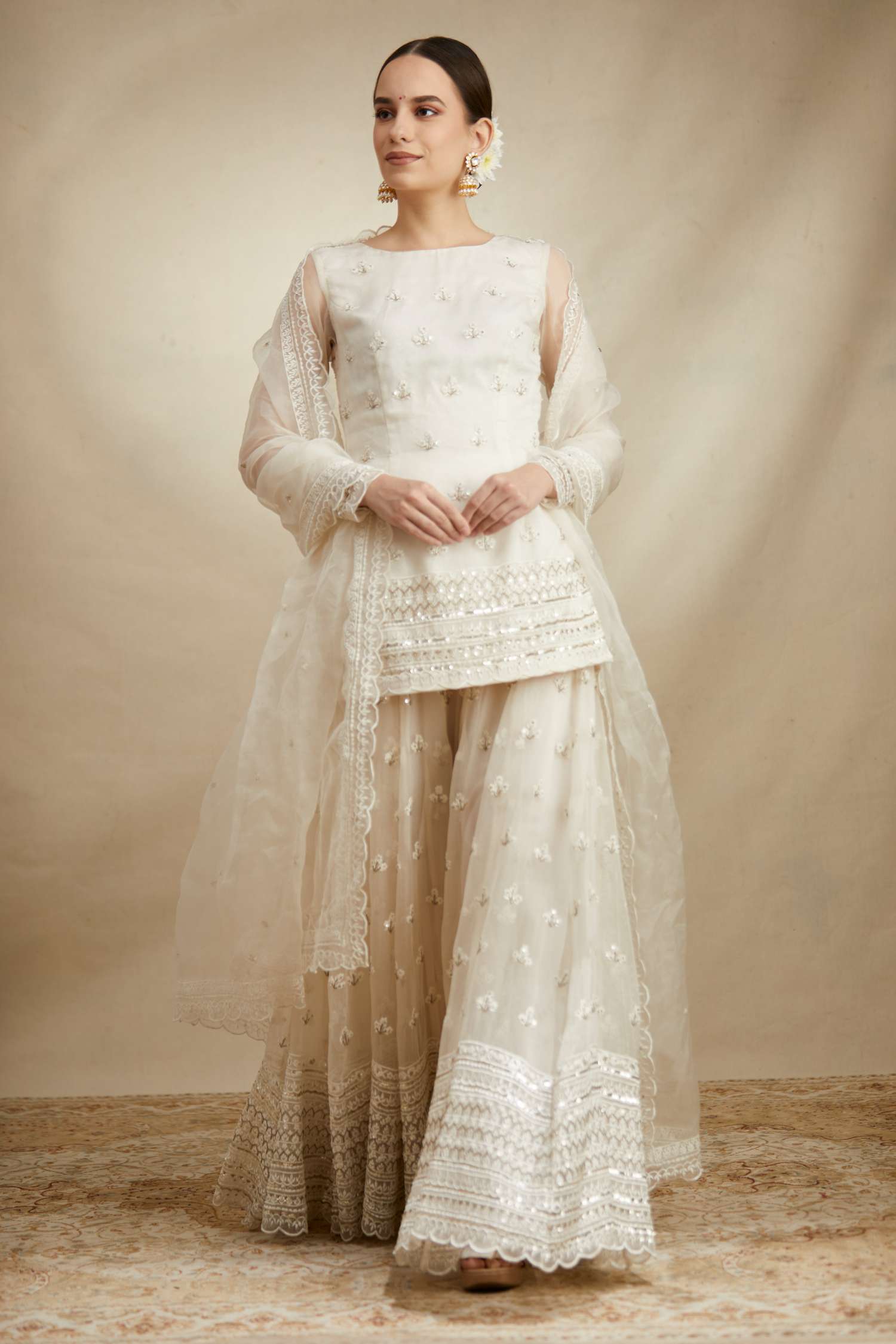 Front view of White Thread Work Kurti Sharara Set