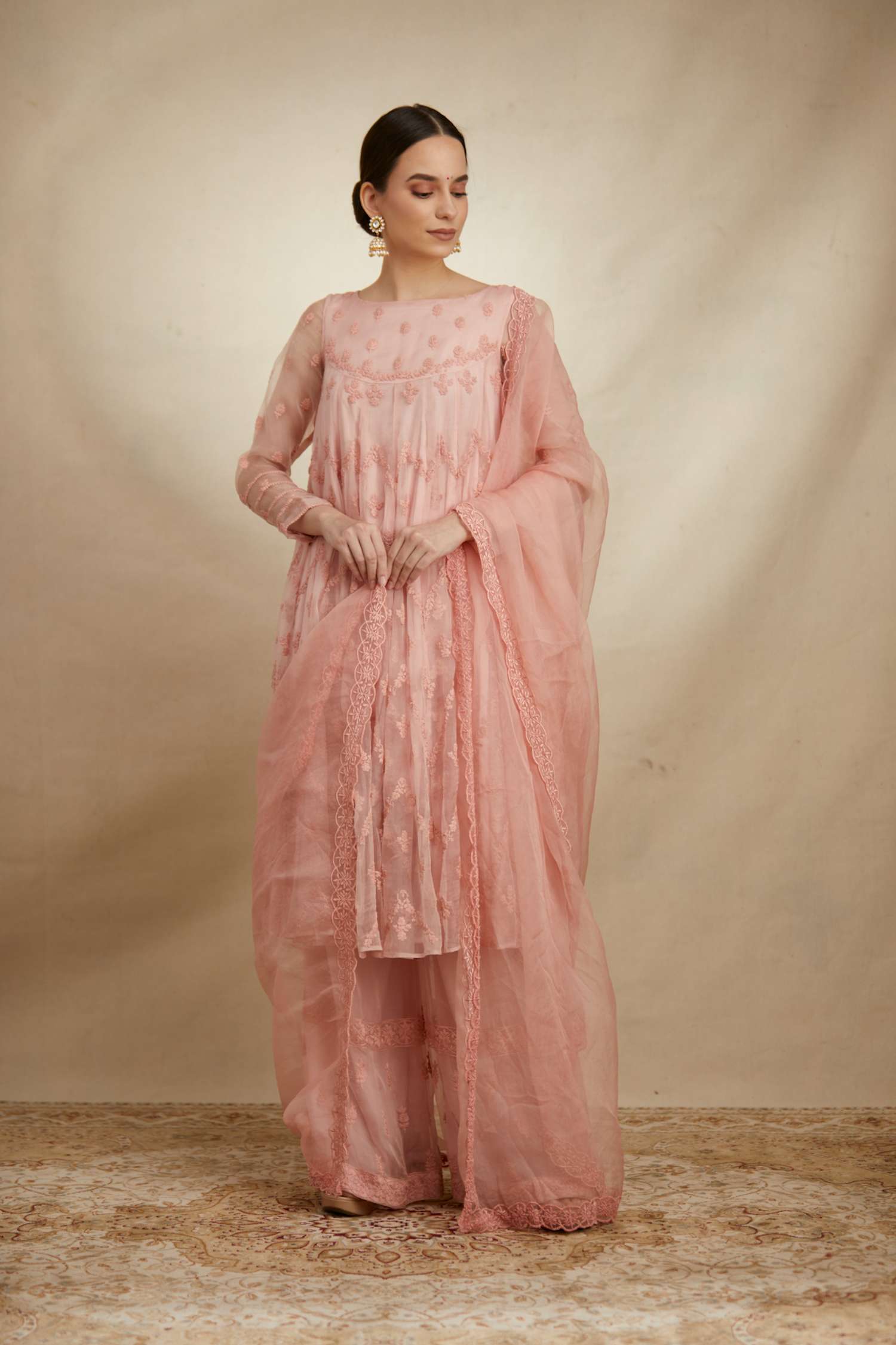 Pink Thread Work Anarkali Sharara Set