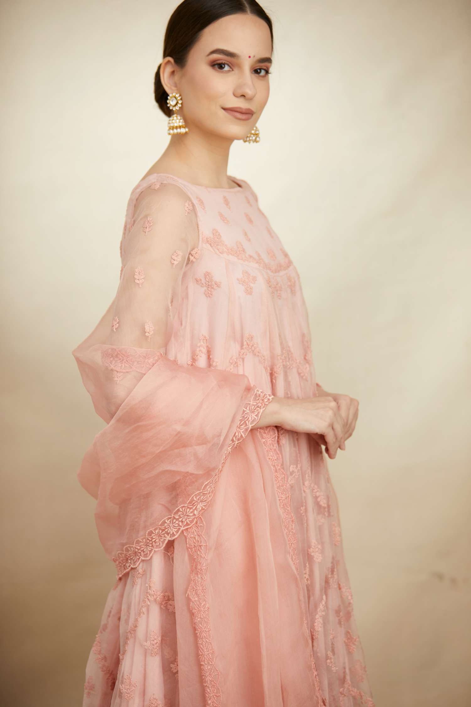 Side front view of Pink Thread Work Anarkali Sharara Set