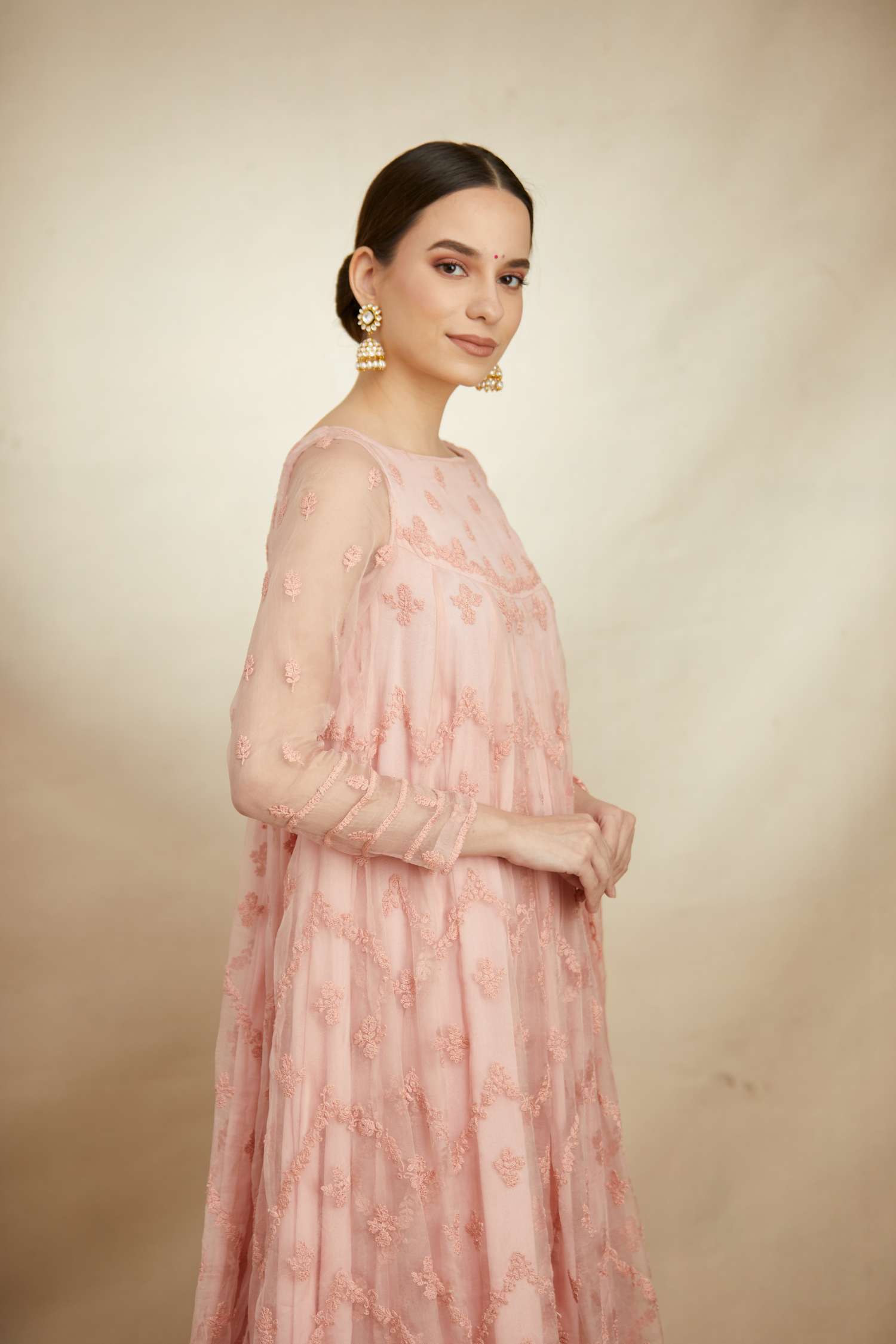 Side view of Pink Thread Work Anarkali Sharara Set