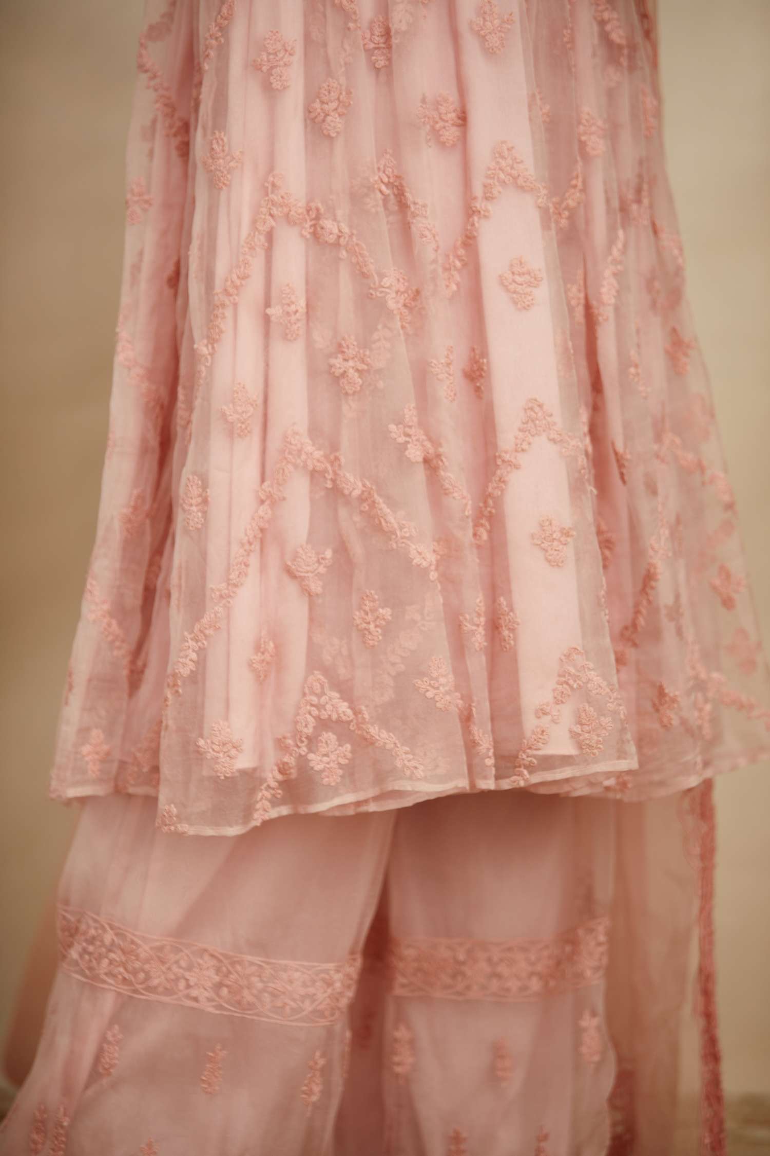 Close-up of Pink Thread Work Anarkali Sharara Set