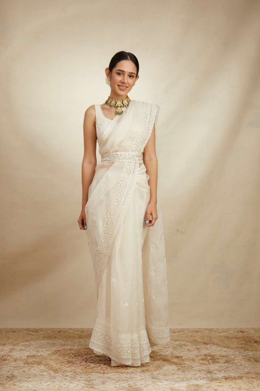 White Thread Work Saree Set