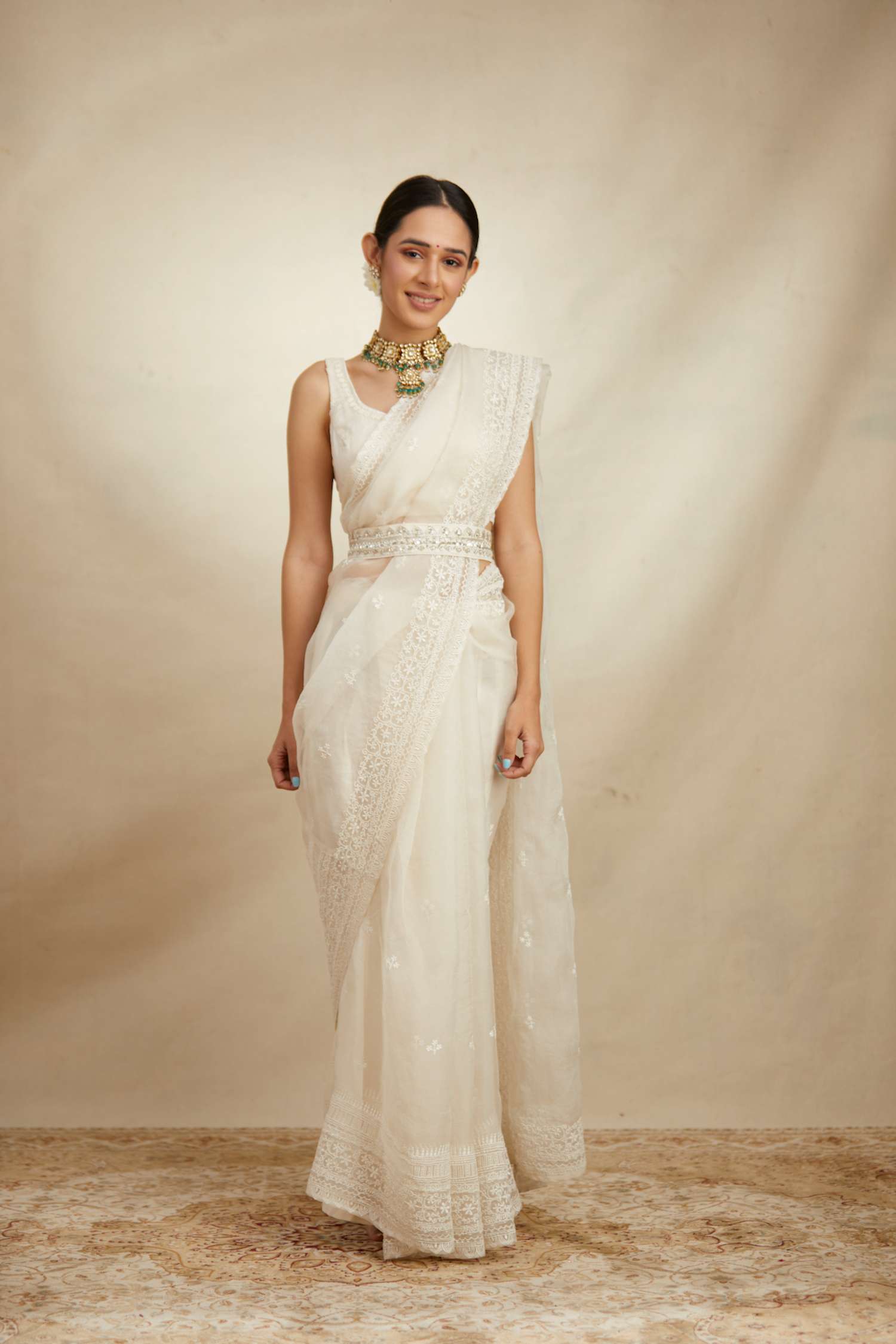 White Thread Work Saree Set