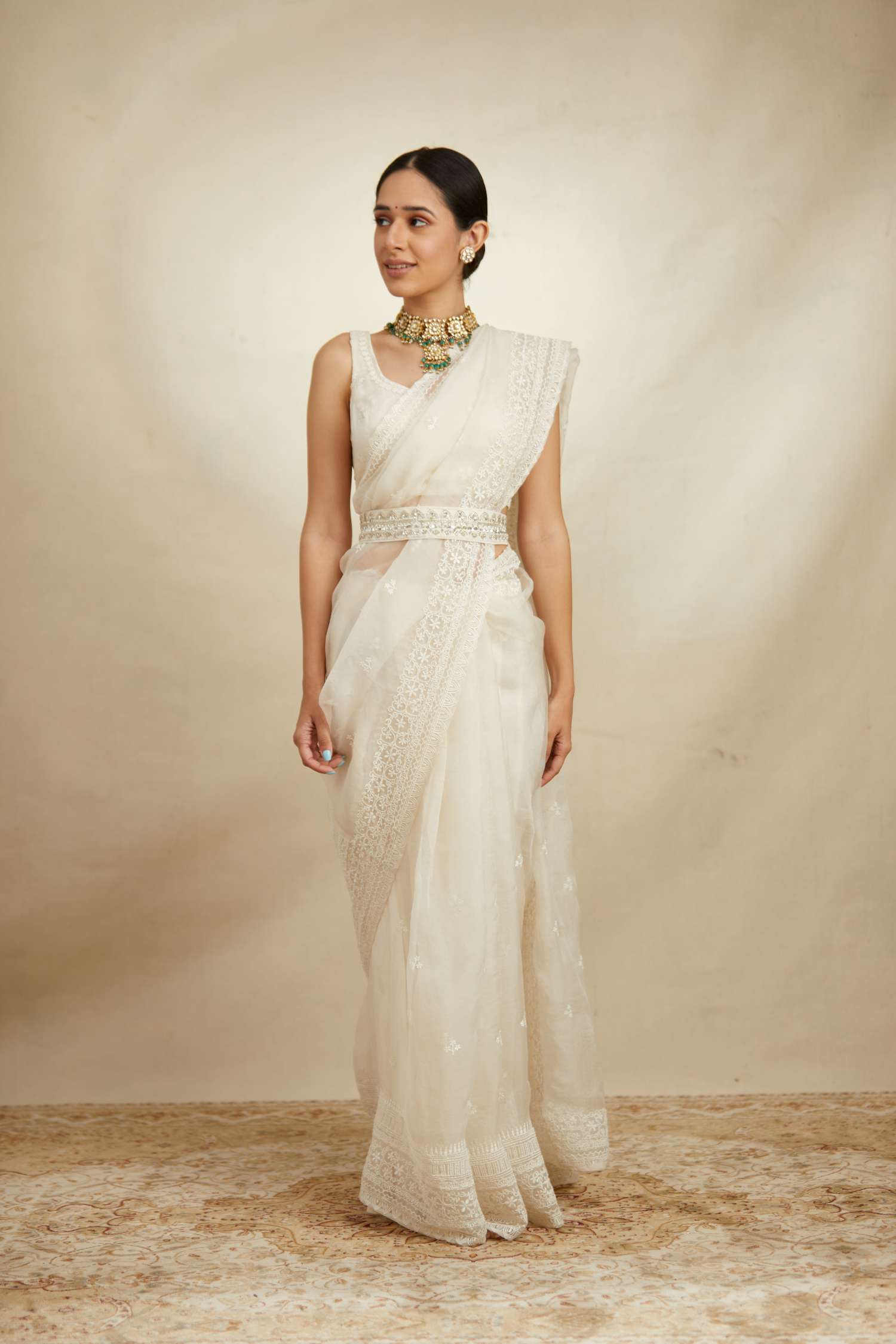 Front angle of White Thread Work Saree Set