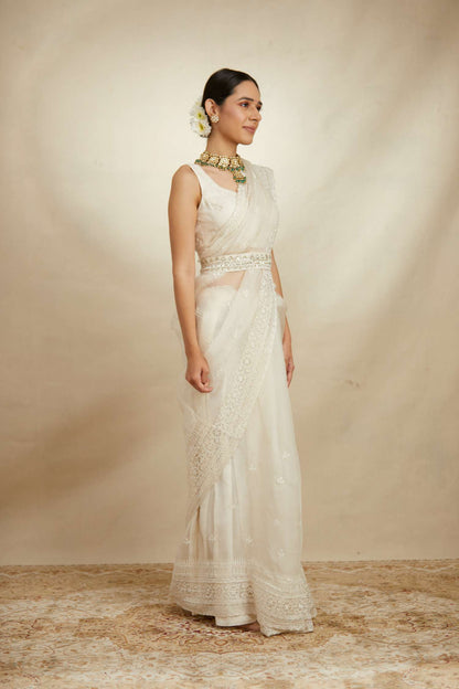 White Thread Work Saree Set