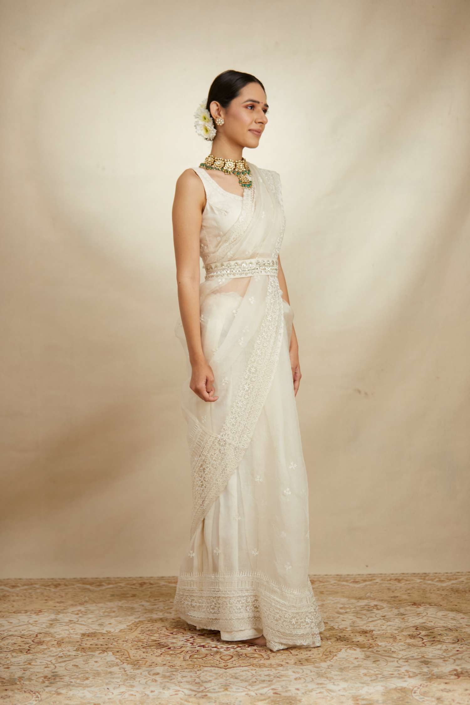 Front Side view of White Thread Work Saree Set