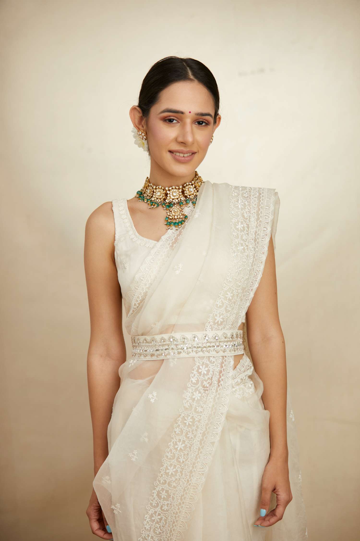 White Thread Work Saree Set By Astha Narang