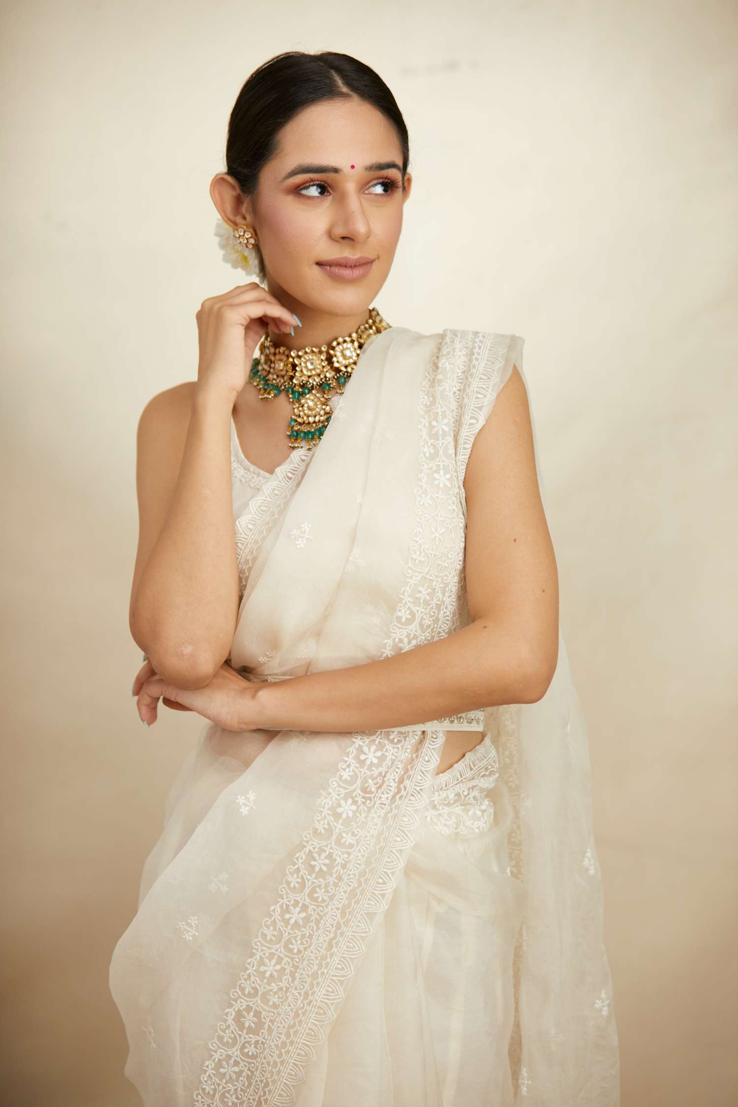 Front view of White Thread Work Saree Set