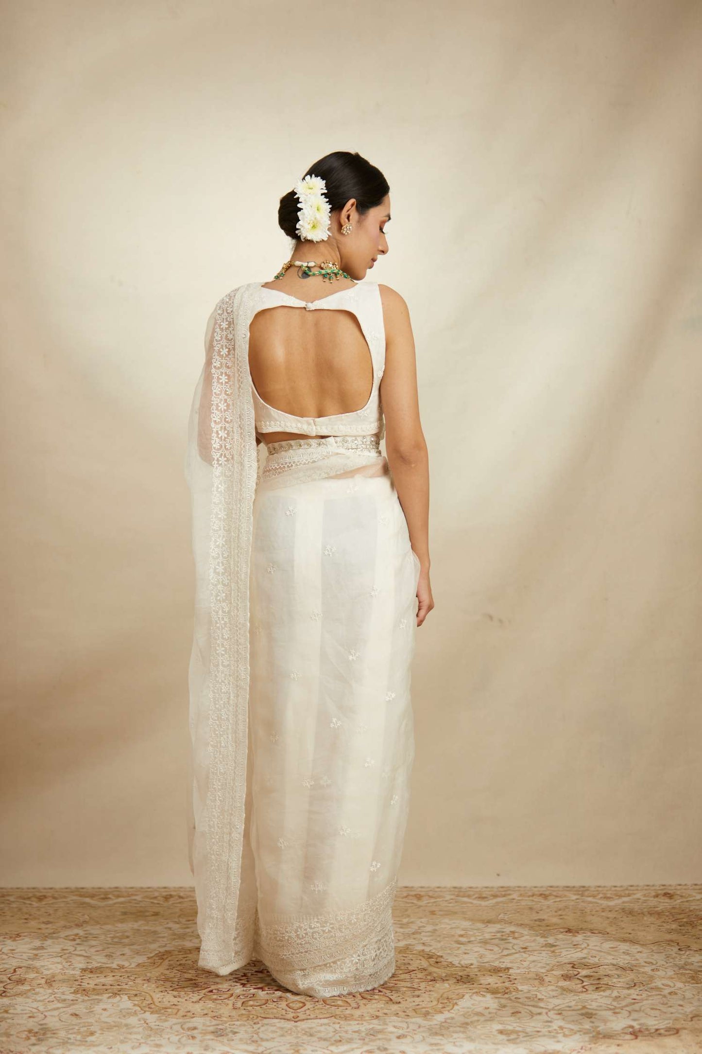 White Thread Work Saree Set