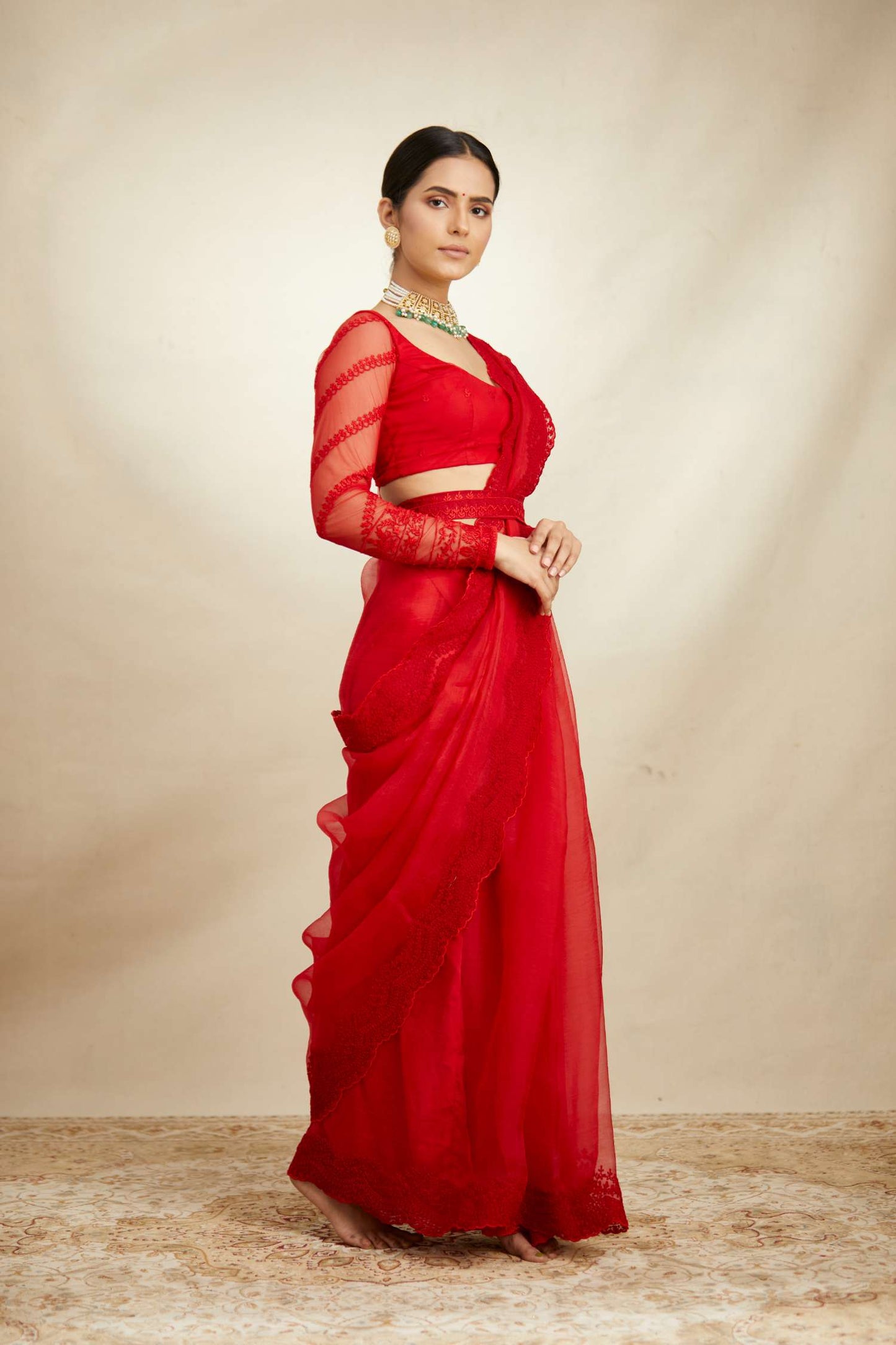 Red Thread Work Saree Set
