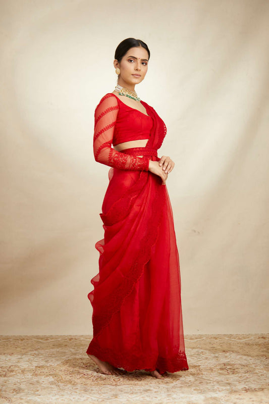 Red Thread Work Saree Set