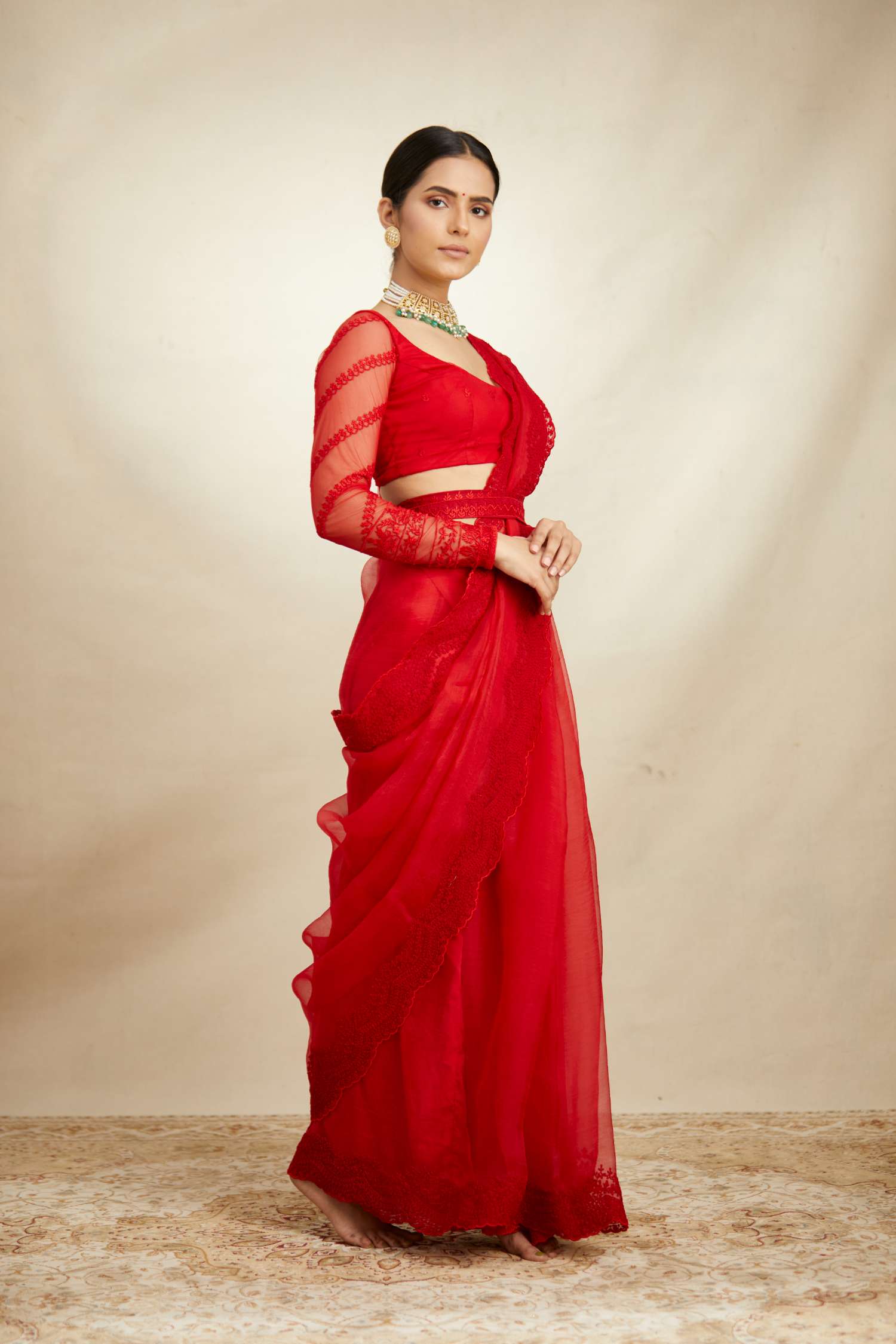 Red Thread Work Saree Set