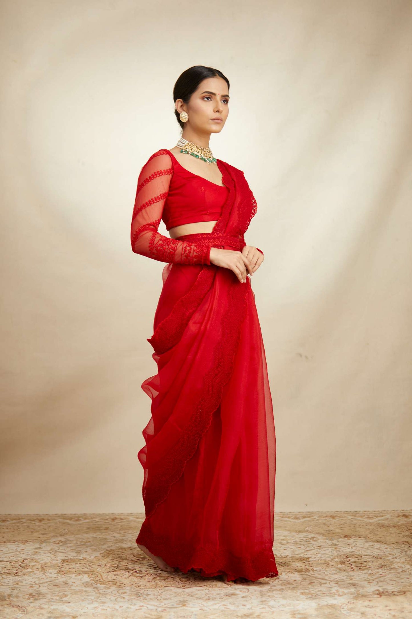 Red Thread Work Saree Set