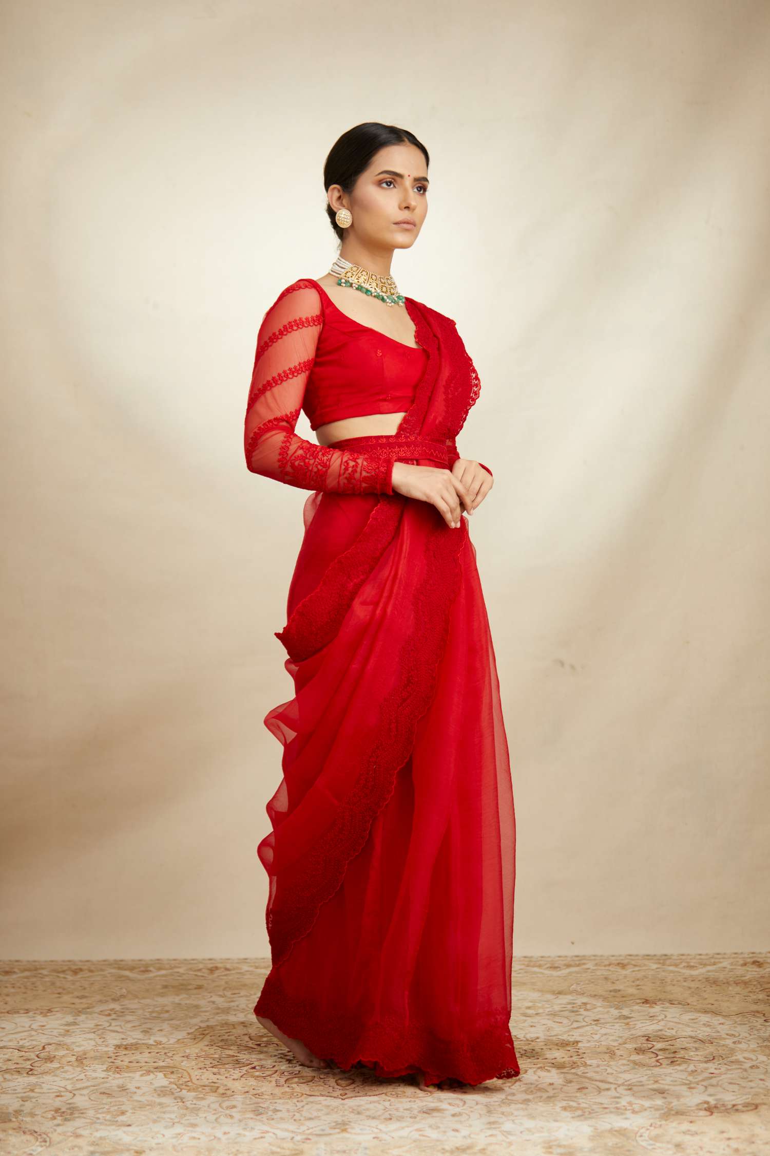 Side Front view of Red Thread Work Saree Set