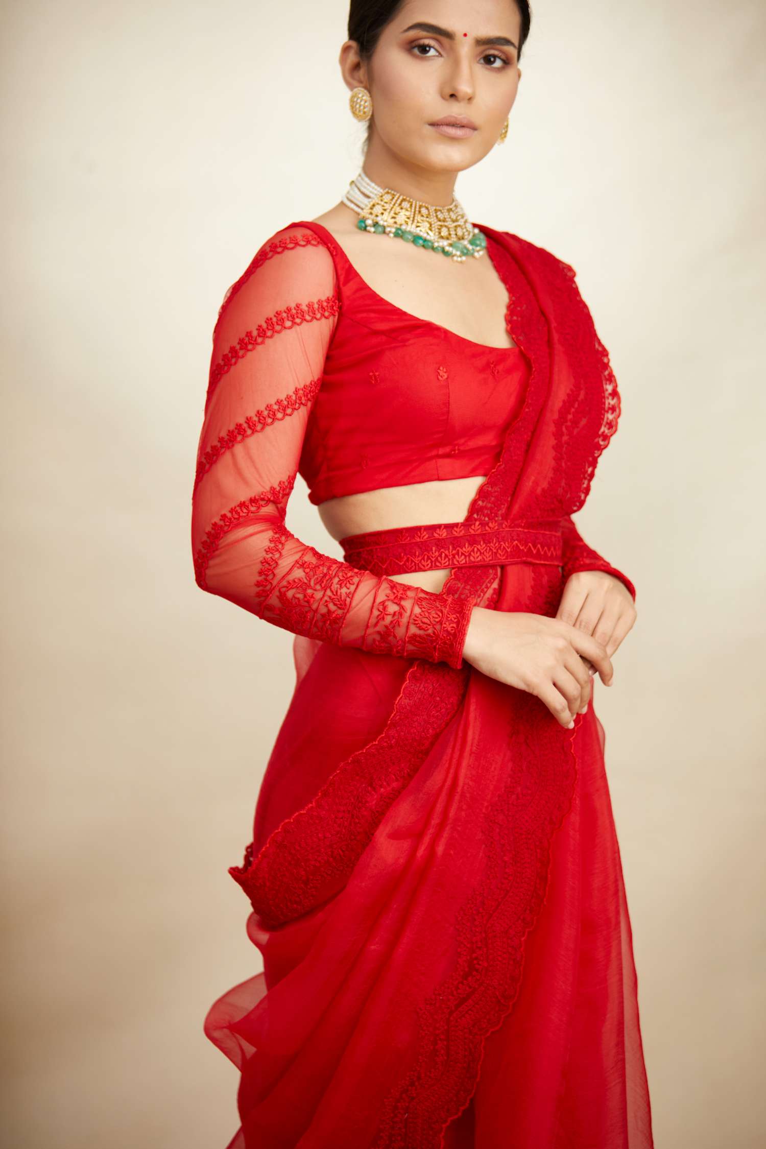 Close-up of Red Thread Work Saree Set
