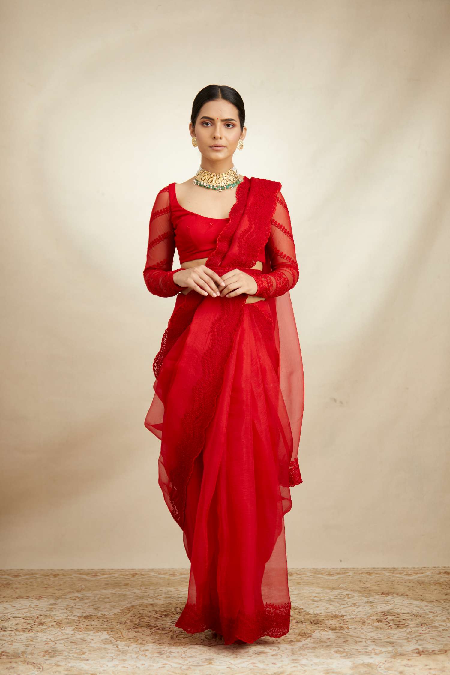 Front view of Red Thread Work Saree Set