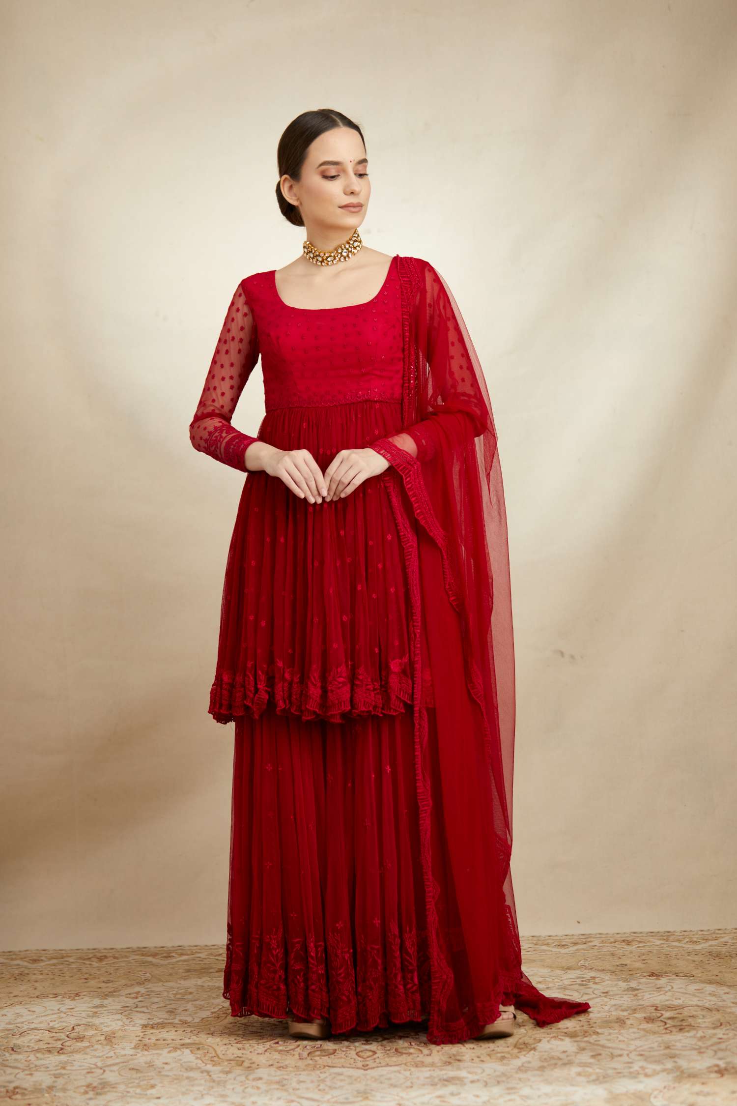 Front view of Caramine Threadwork Peplum Sharara Set