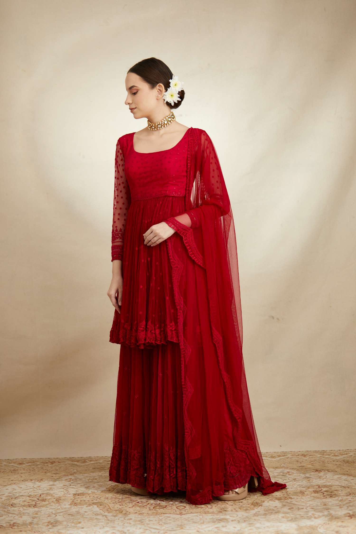 Side view of Caramine Threadwork Peplum Sharara Set