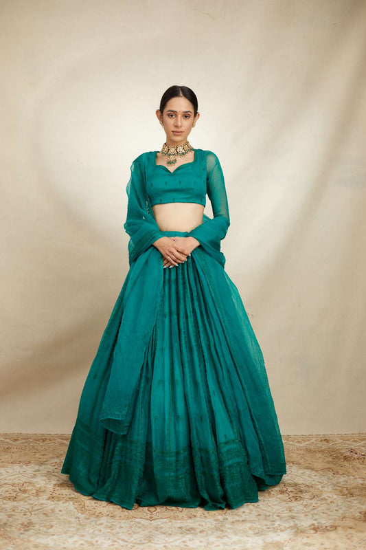 Teal Green Line Threadwork Lehenga Set