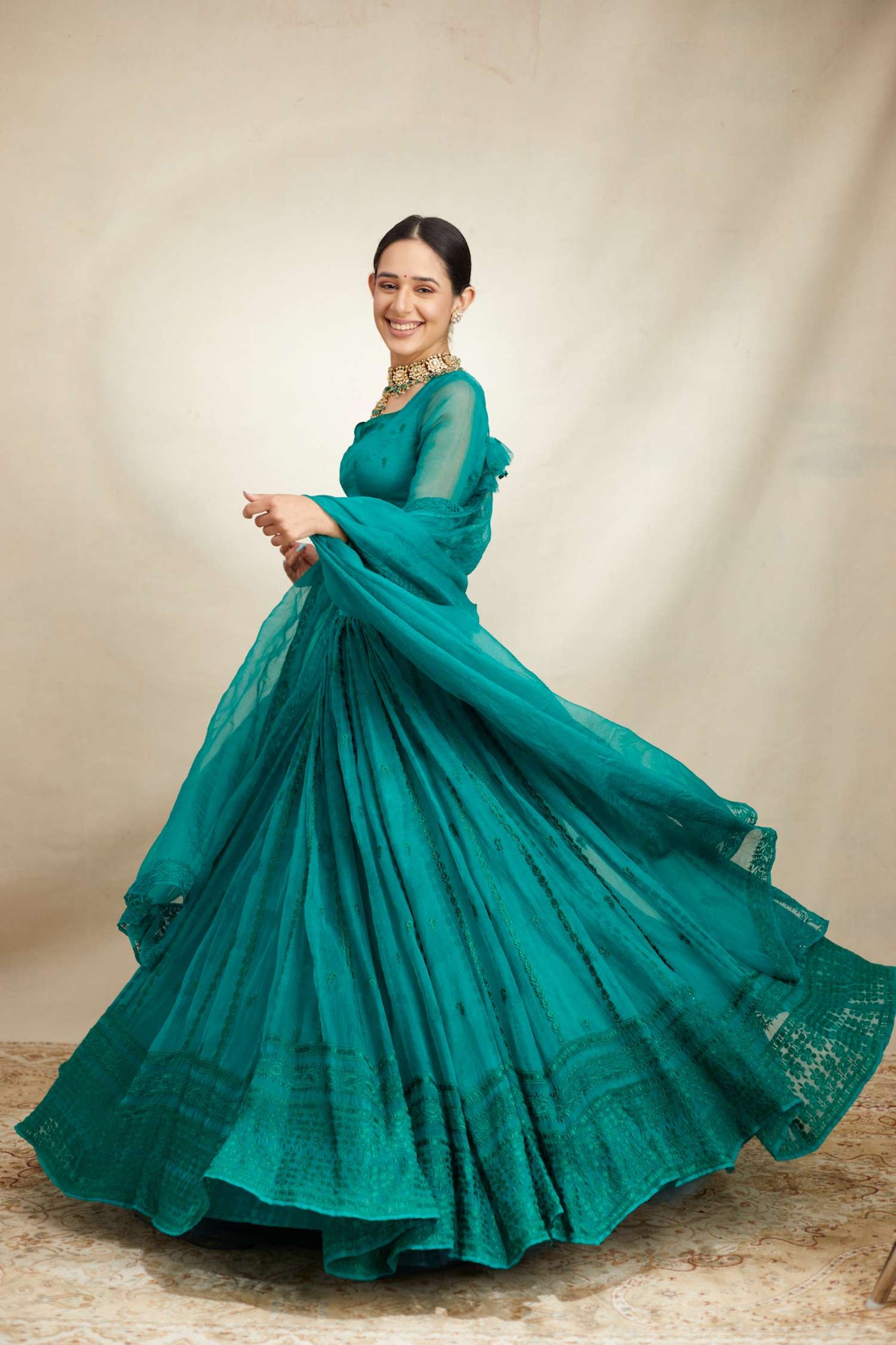 Teal Green Line Threadwork Lehenga Set