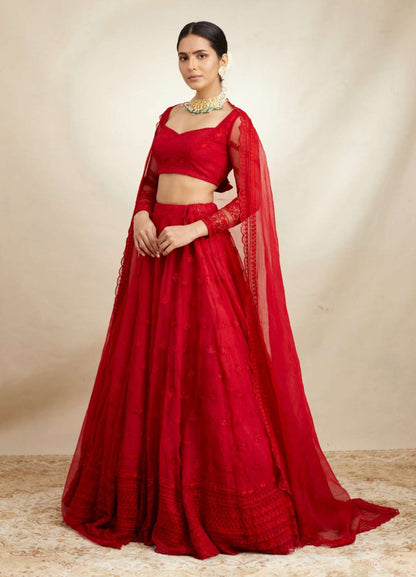 Red Organza Threadwork Lehenga Set