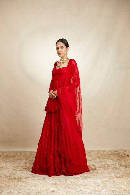 Red Peplum With Thread Work Sharara Set
